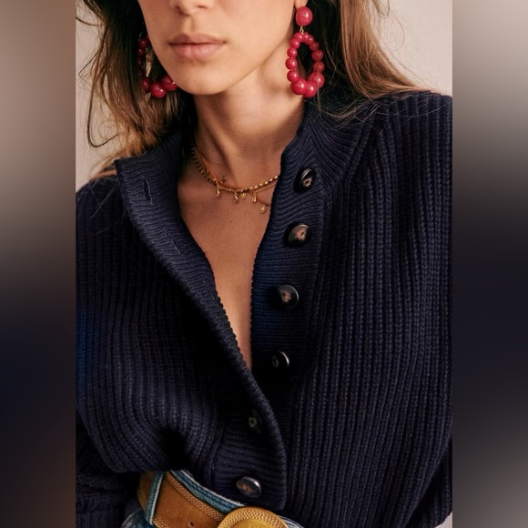 Sézane Lucas Navy Rib-Knit Button-Up Crew Sweater Medium - Picture 3 of 12